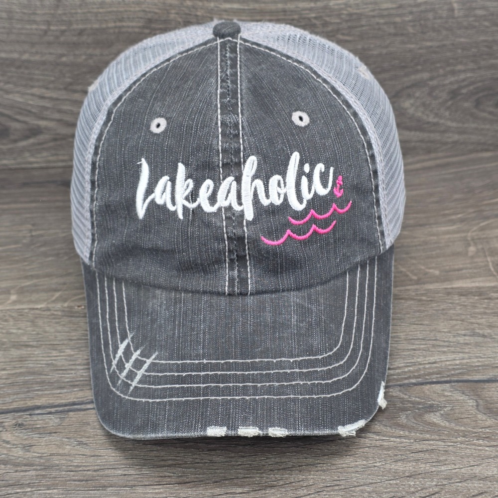 Lakeaholic Hat Cap Womens Strap Back Gray Trucker Mesh Katydid Boating Coastal